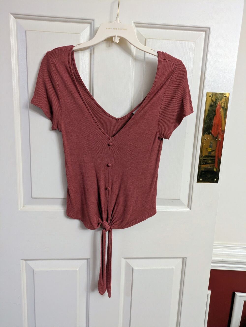 Good Luck Gem - Salmon Ribbed V Neck Button Front Tie Crop Top - Sz S